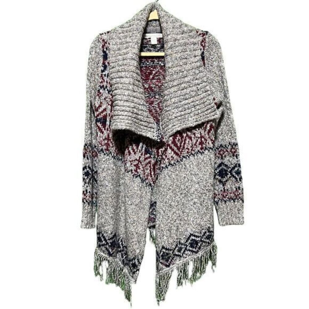 Kaisely Anthro Argyle Wool Blend Fringe Hem Rib Knit Cardigan Sweater Gray Large